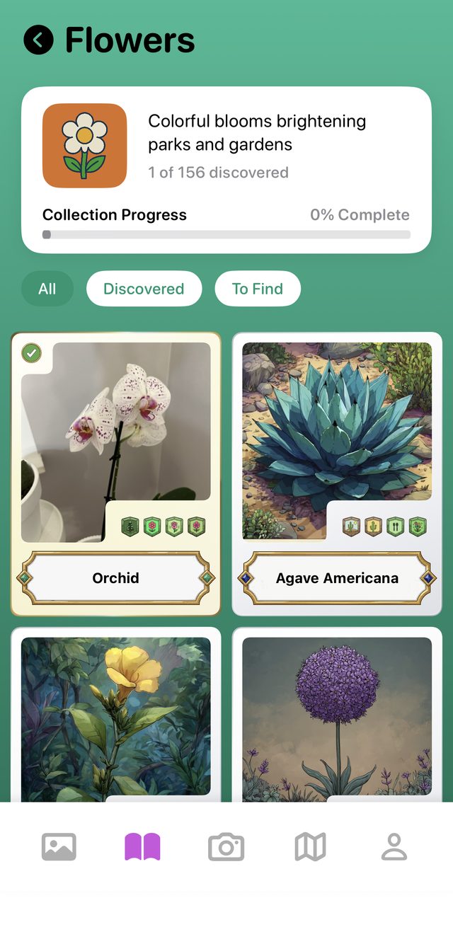 Snappit Flowers collection screen with discovery progress bar